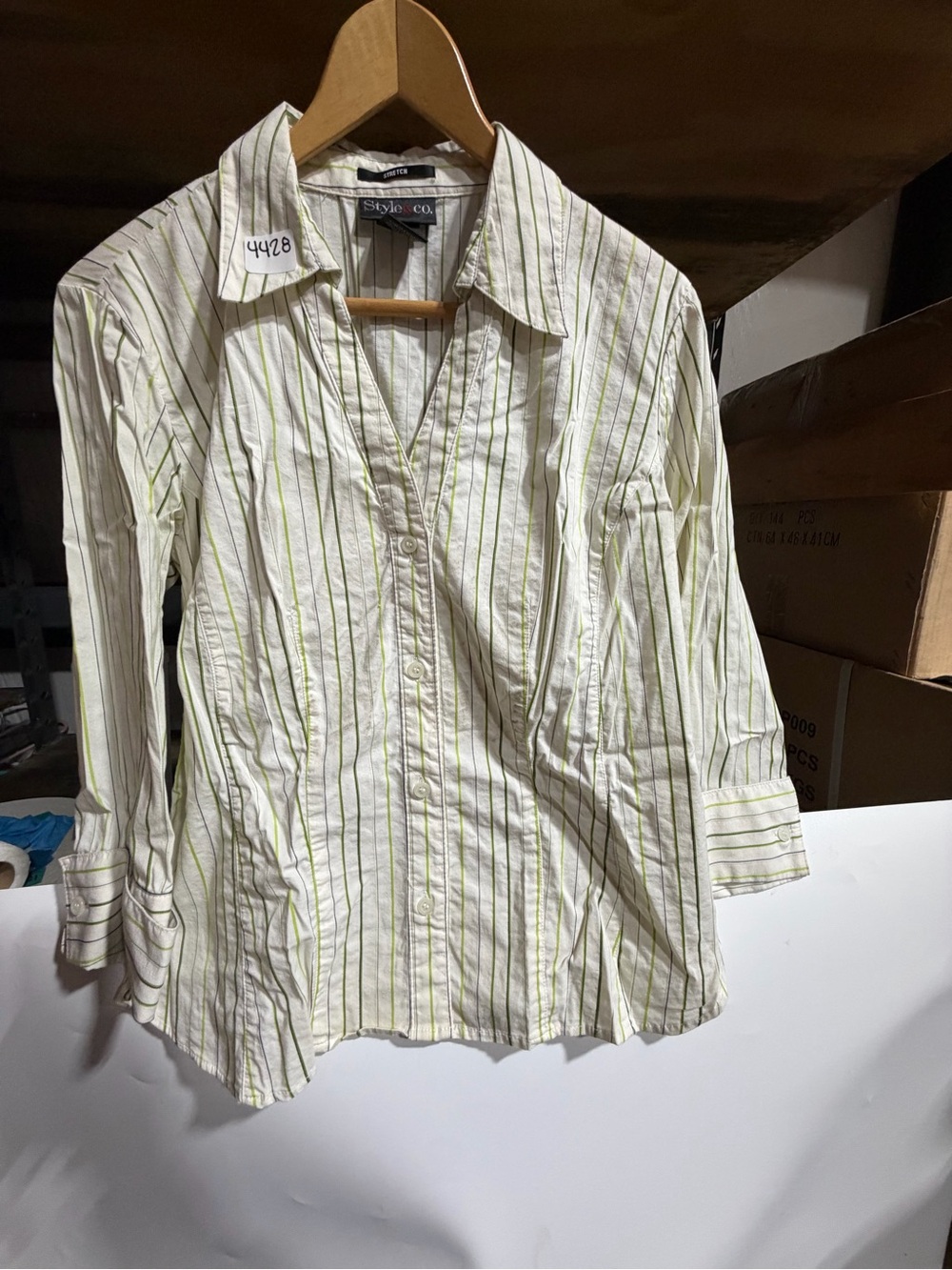 #4428-Style & Co. White Button-Down Shirt with Lime Green Pinstripes